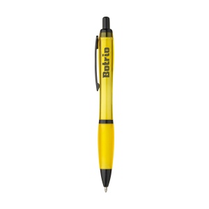 Stylo à bille à encre bleue avec corps coloré translucide, zone de préhension antidérapante, embout en caoutchouc, clip en métal et accents noires. 10