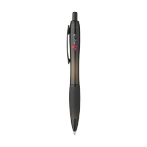 Stylo à bille à encre bleue avec corps coloré translucide, zone de préhension antidérapante, embout en caoutchouc, clip en métal et accents noires. 8