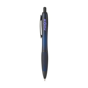 Stylo à bille à encre bleue avec corps coloré translucide, zone de préhension antidérapante, embout en caoutchouc, clip en métal et accents noires. 6