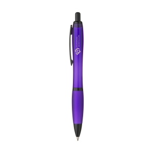Stylo à bille à encre bleue avec corps coloré translucide, zone de préhension antidérapante, embout en caoutchouc, clip en métal et accents noires. 2