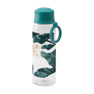 Bouteille d'eau en Tritan transparent. Équipée d'un bouchon à vis avec couvercle intégré pouvant s'ouvrir d'une seule main. Étanche.