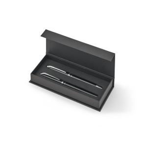 SARAMAGO. Coffret haut de gamme comprenant 1 stylo à bille et 1 stylo roller en cuivre et acier inoxydable, à encre bleue 2
