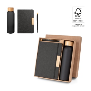 SCLIAR. Ensemble composé d'un stylo à bille, d'un bloc-notes et d'une bouteille, fabriqués à partir de PET recyclé, d'aluminium recyclé et de bambou