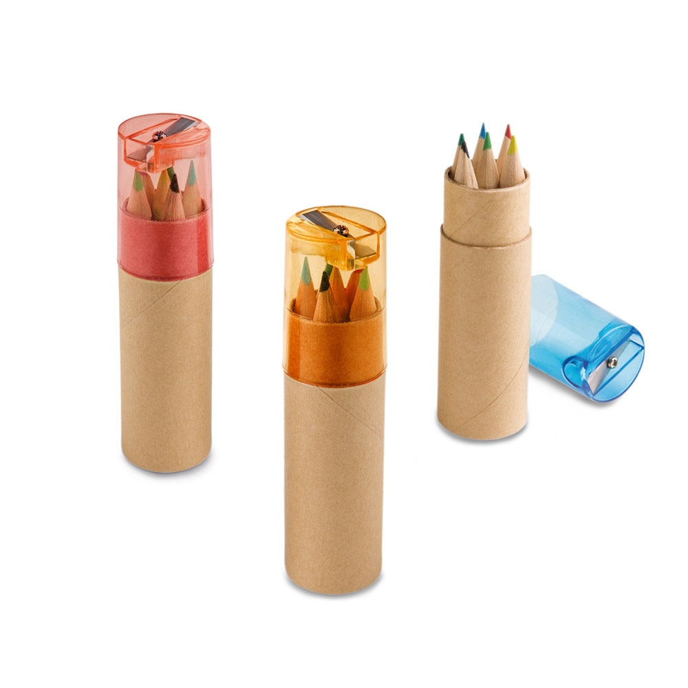 ROLS. Boîte à crayons avec 6 crayons de couleur et taille-crayon