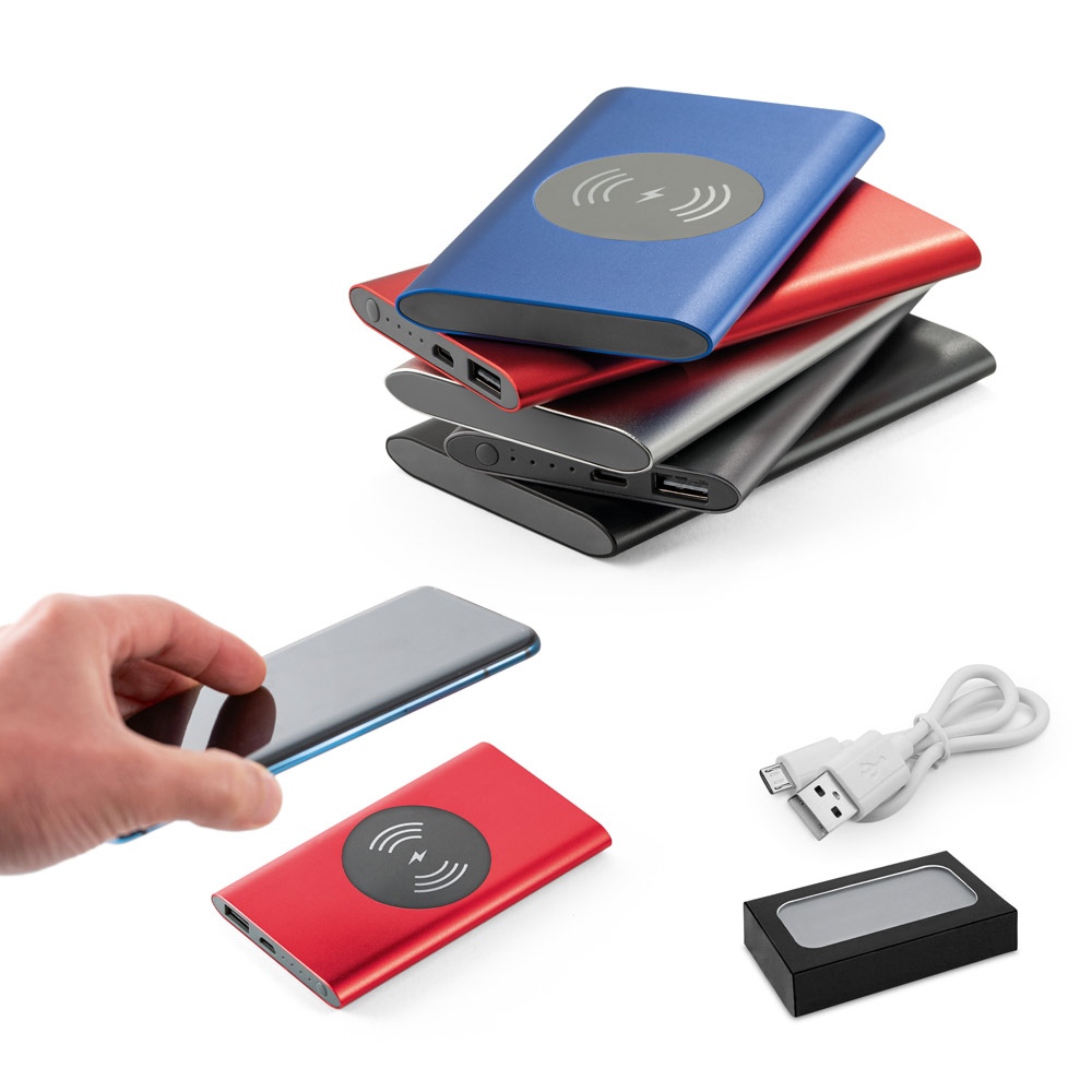 CASSINI. Power bank 4 000 mAh avec chargeur sans fil 5W en aluminium recyclé (100 % rAL)