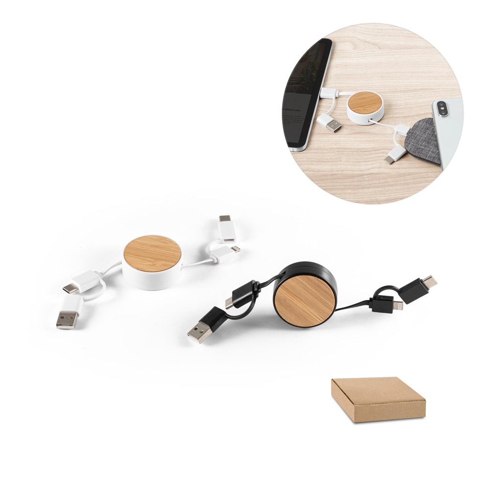 RUBINS. Câble USB rétractable 6 en 1 en ABS recyclé (100 % rABS) et bambou