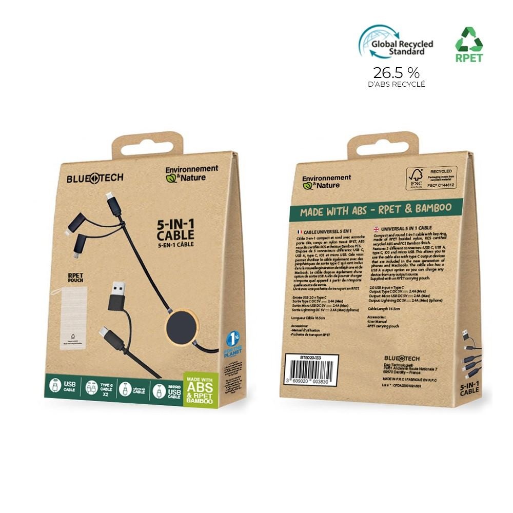 Câble recyclé 5-en-1 avec LED - BLUETECH 5