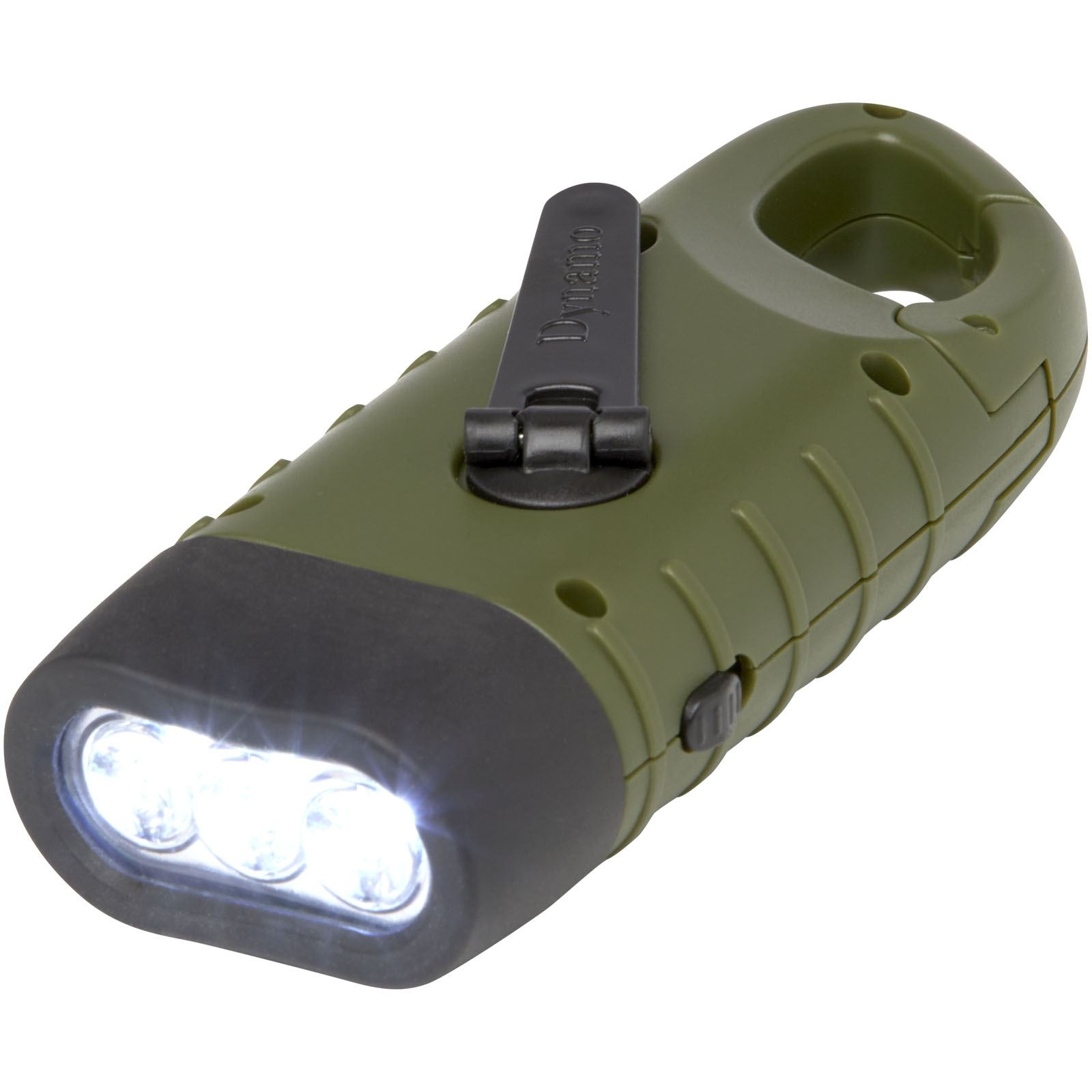 Lampe de poche dynamo solaire Helios en plastique recyclé avec mousqueton 2
