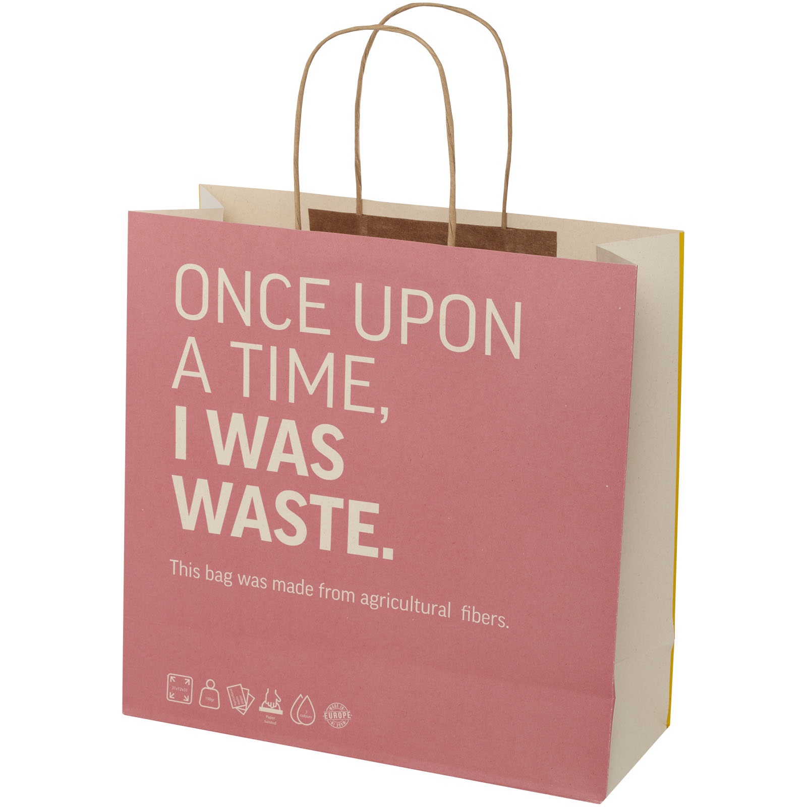 Sac en papier fabriqué à partir de déchets agricoles 150 g/m2 avec poignées torsadées, 31 x 12 x 31 cm