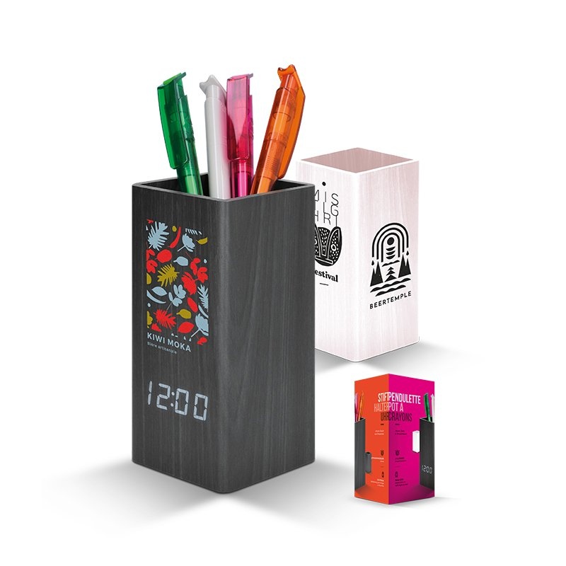 PENDULETTE AVEC POT A CRAYONS ET THERMOMETRE, HORLOGE DE BUREAU