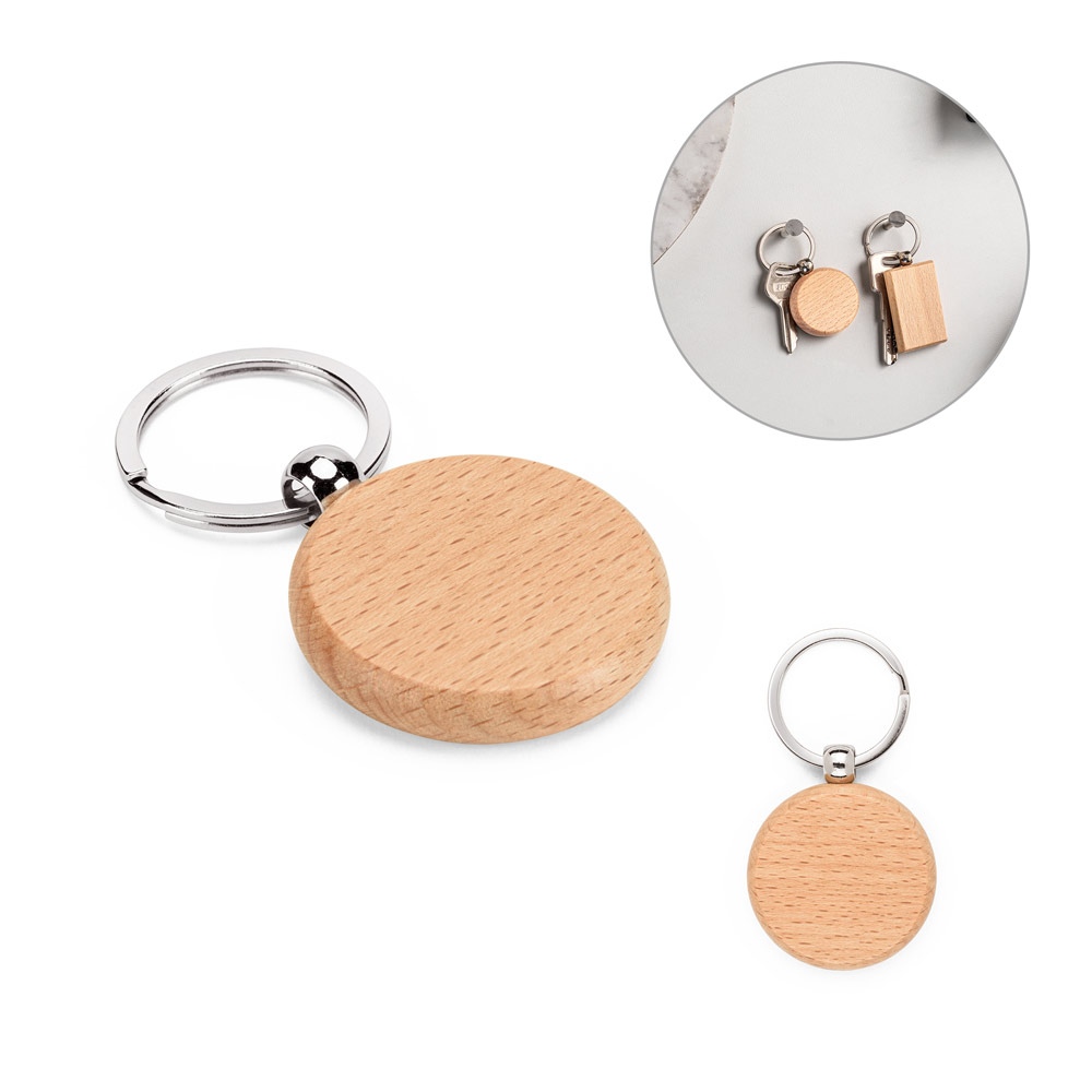 STEWIE ROUND. Porte-clés rond en bois de hêtre