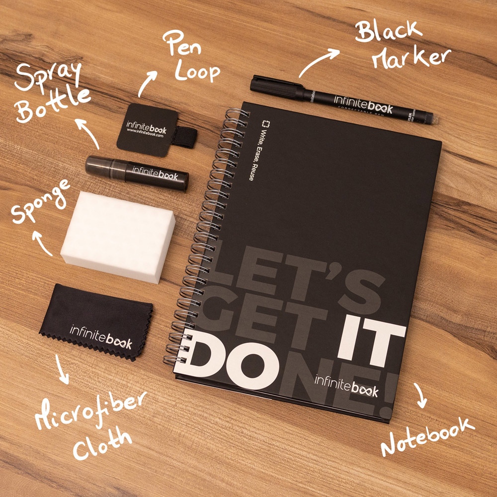 STARTER KIT INFINITEBOOK. Kit « Infinitebook » à couverture rigide, 1 kit de nettoyage, 1 marqueur et 1 porte-stylo à bille 5
