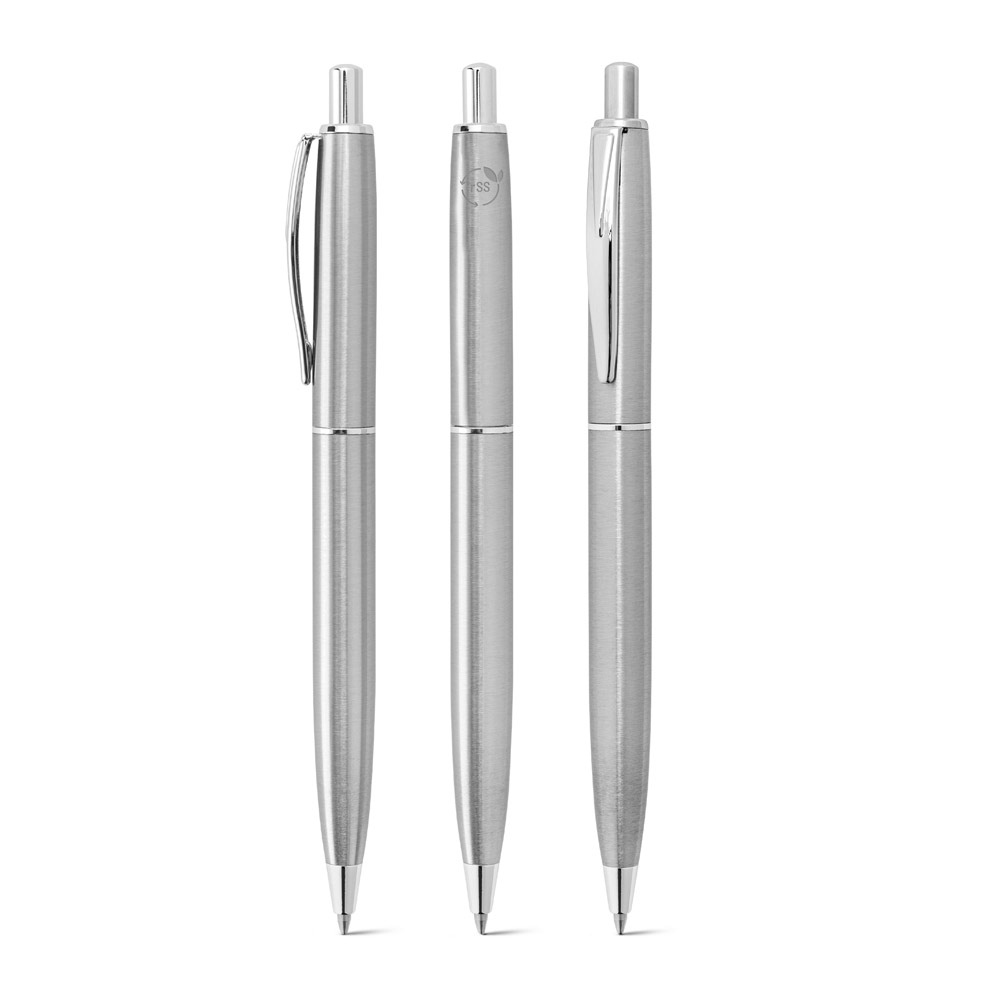 DOOLI. Stylo à bille en acier inoxydable (53 % recyclé), avec corps brillant