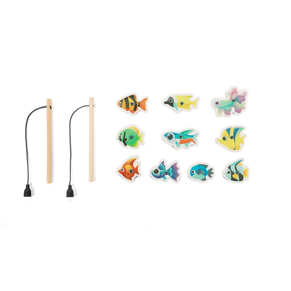 FISHY. Jeu de pêche composé de 10 poissons en bois, idéal pour les enfants 3