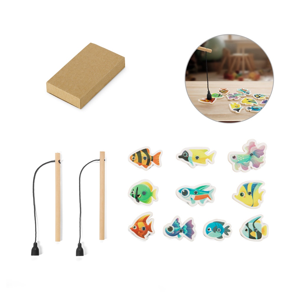 FISHY. Jeu de pêche composé de 10 poissons en bois, idéal pour les enfants